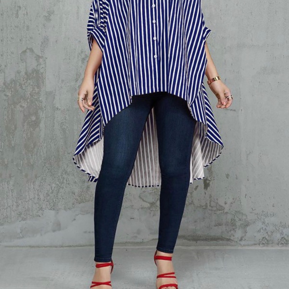 Boho Blue Striped Plus Size Color Block High Low … - image 6